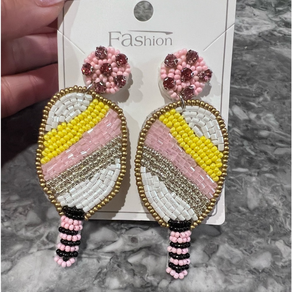 Pickleball or tennis beaded rhinestone post earrings pink yellow